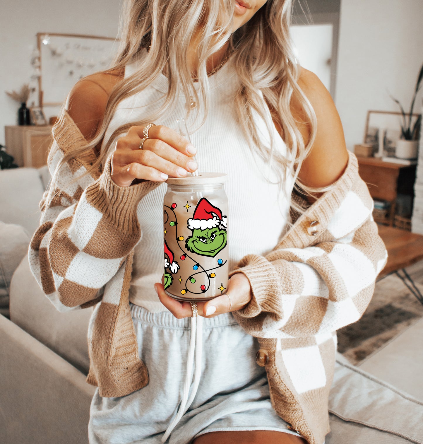 Christmas Lights Grinch Glass Can