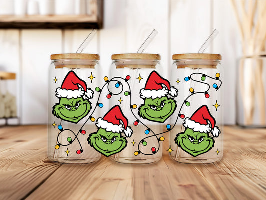 Christmas Lights Grinch Glass Can